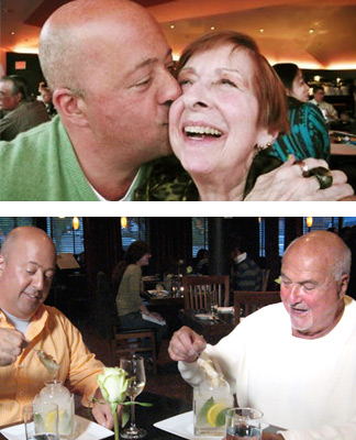 Andrew and his mother, Caren, who passed in 2011. Andrew and his dad, Bob, sharing a meal during a show taping.<i>(Credit: Travel Channel)</i>